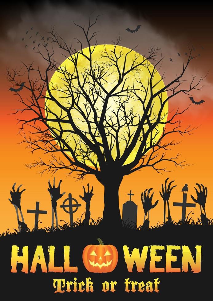 halloween zombiehand på grav med dött träd vektor