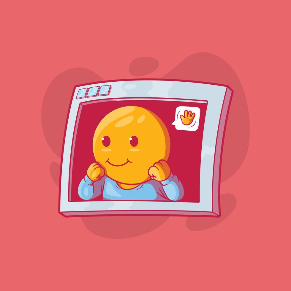 süß Emoji Charakter auf ein Computer Fenster Vektor Illustration. Technik, Kommunikation, Sozial Design Konzept.