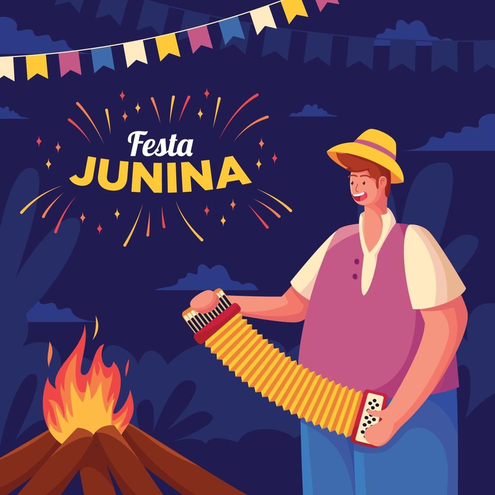 Festa Junina mit Lagerfeuer und Musikinstrumenten vektor