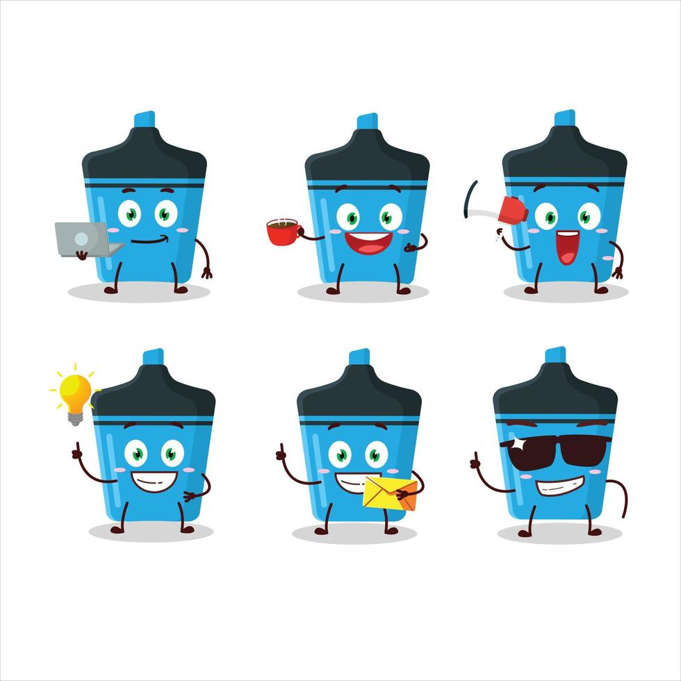 blå stryknings tecknad serie karaktär med olika typer av företag uttryckssymboler vektor