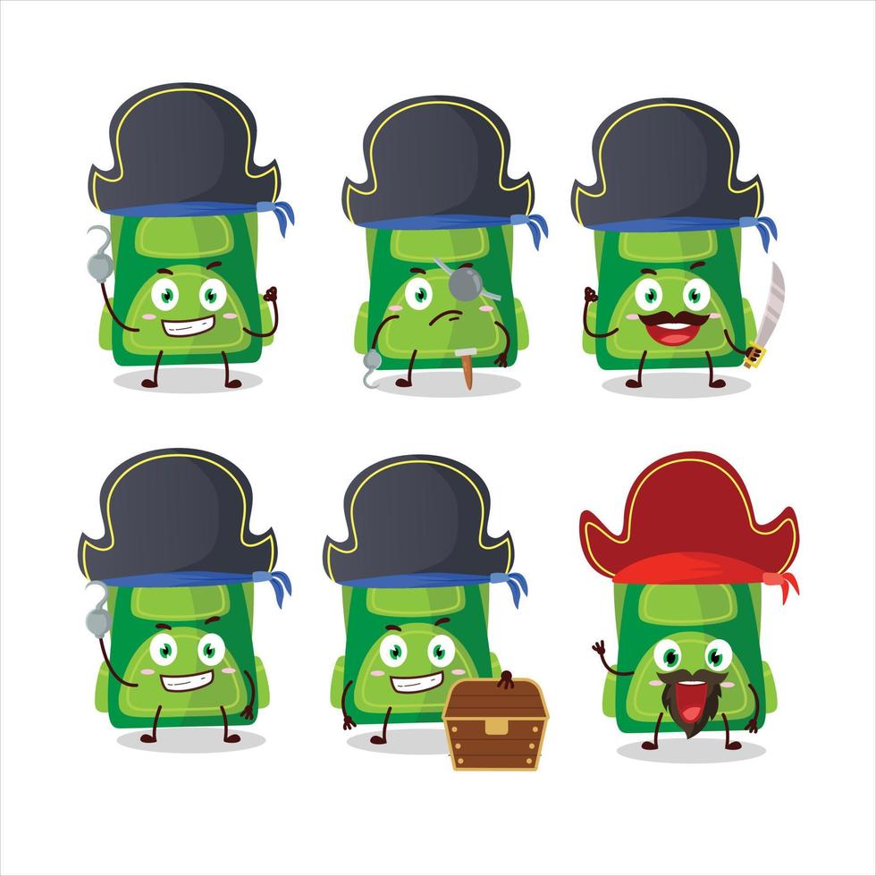tecknad serie karaktär av grön skola väska med olika pirater uttryckssymboler vektor