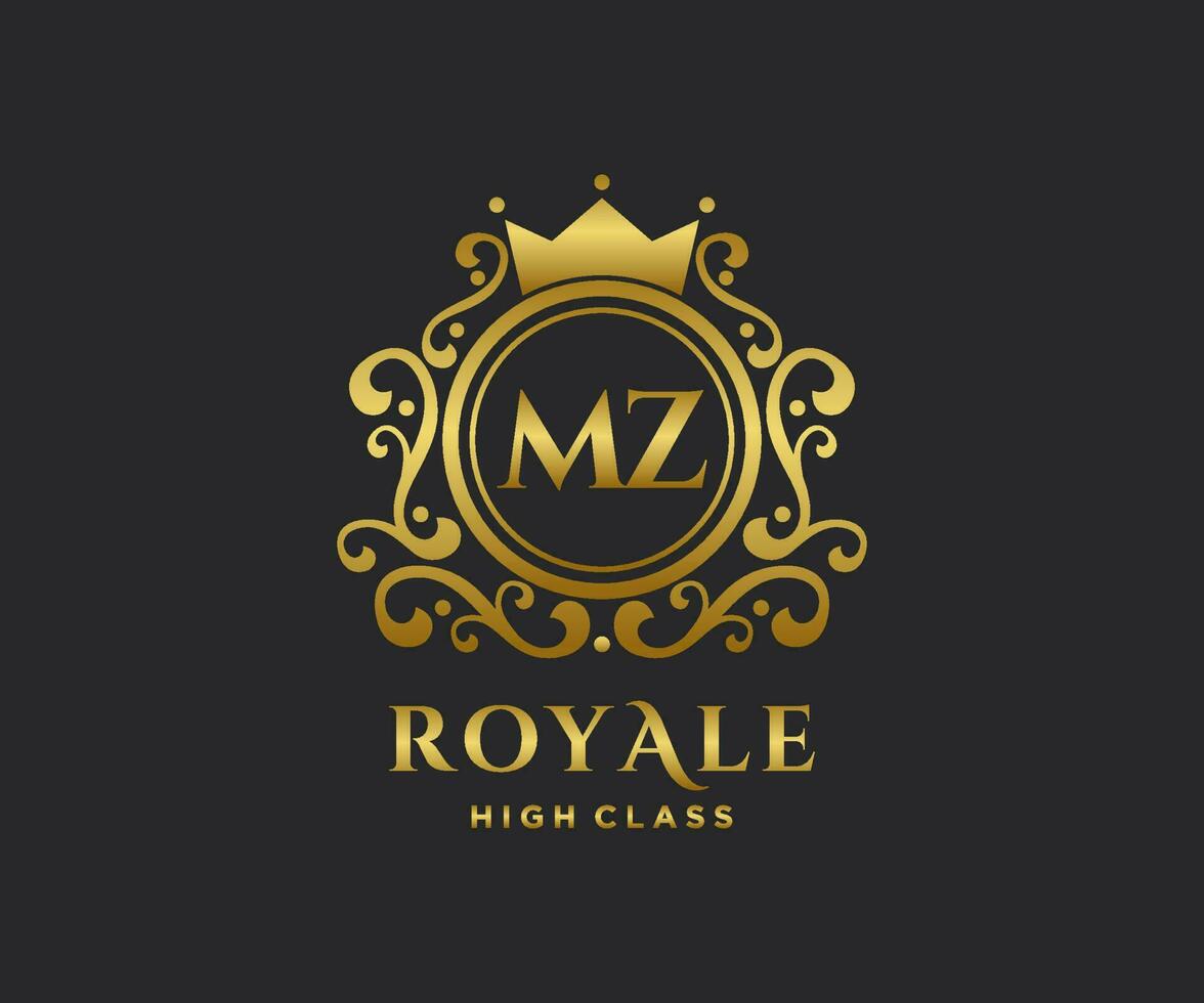 gyllene brev mz mall logotyp lyx guld brev med krona. monogram alfabet . skön kunglig initialer brev. vektor