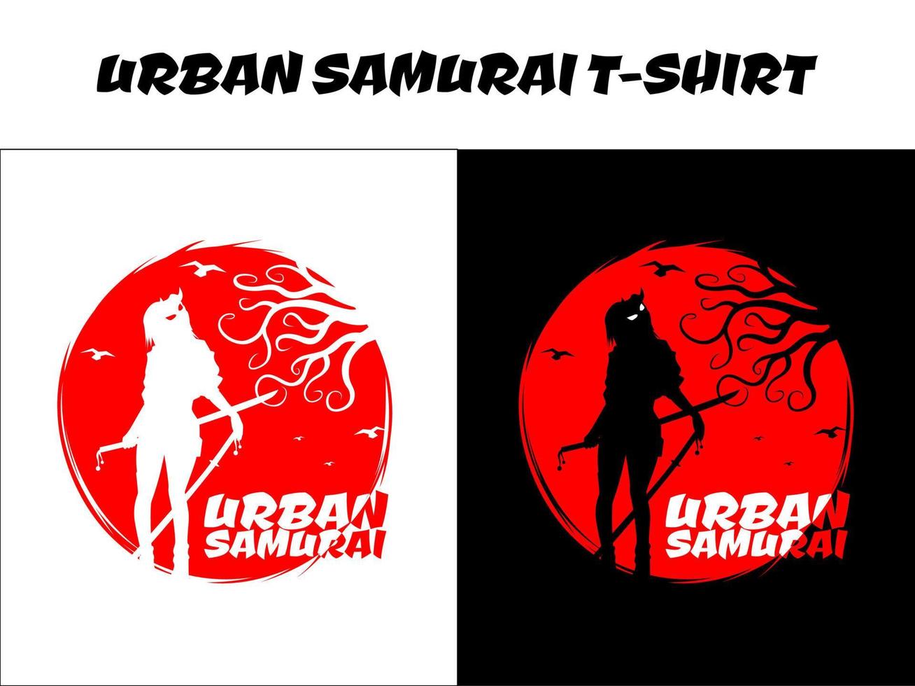 urban kvinna samuraj, silhuett japan samuraj vektor för design t skjorta begrepp, silhuett samuraj, japansk t-shirt design, silhuett för en japansk tema