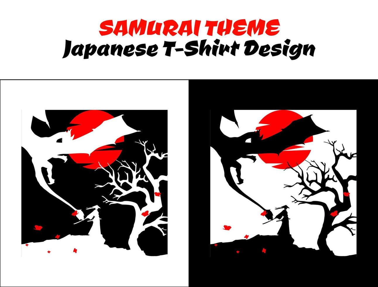 Samurai mit Drachen. Silhouette Japan Samurai Vektor zum Design T-Shirt Konzept. Samurai mit rot Mond. Samurai Vektor Illustration. Strassenmode Thema T-Shirt.