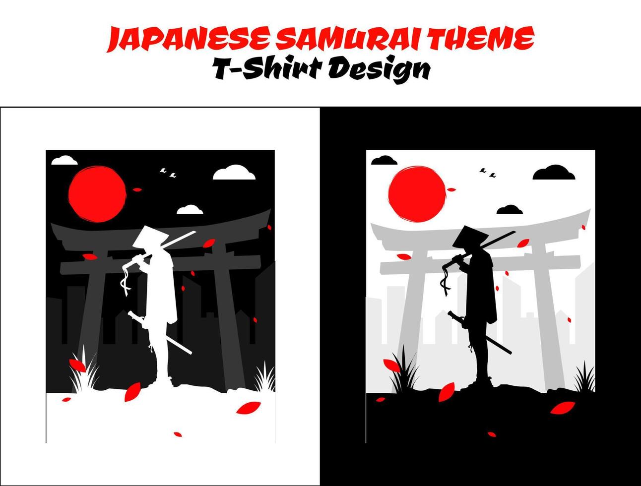 silhuett japan samuraj vektor för design t-shirt begrepp. urban samuraj. samuraj med röd måne t-shirt design. samuraj vektor illustration. streetwear tema tshirt.