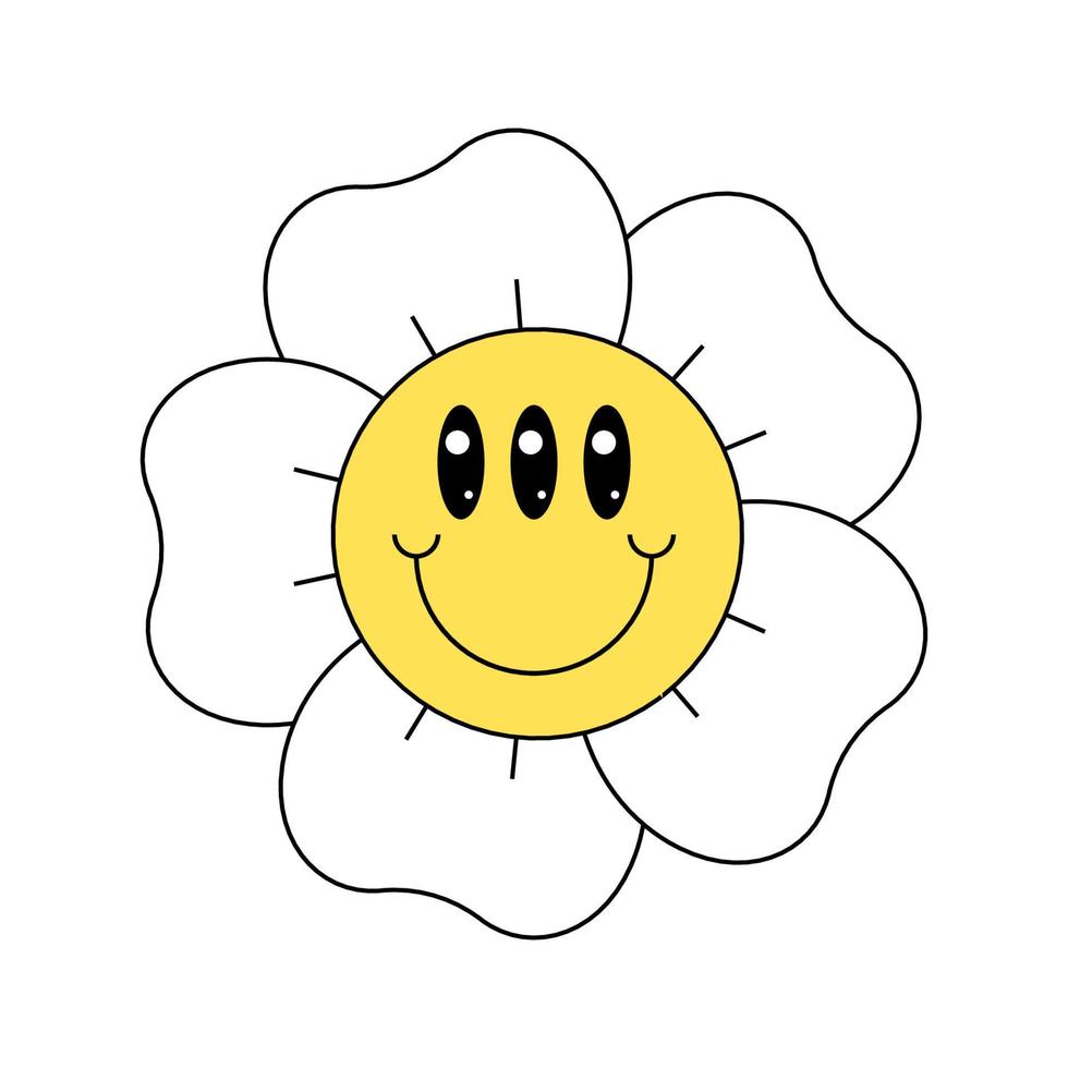 hippie kamomill smiley karaktär Bra vibrafon. rolig retro daisy maskot. blomma huvud med galen ansikte. psychedelic positiv årgång tecknad serie stil växt. trendig häftig y2y pop- kultur blommig eps design vektor