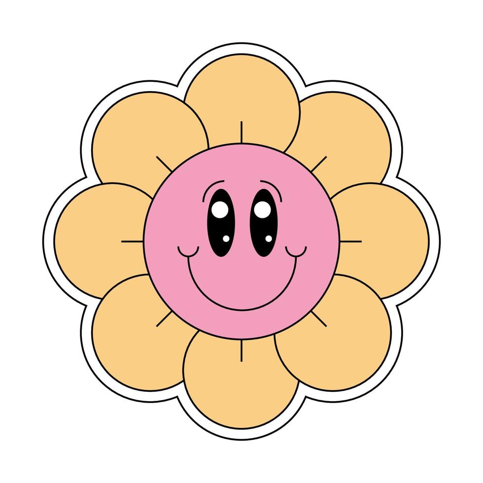 söt hippie häftig kamomill smiley karaktär Bra vibrafon. retro daisy blomma huvud glad maskot. positiv nostalgisk årgång tecknad serie stil Lycklig växt. trendig y2y pop- kultur blommig vektor eps design