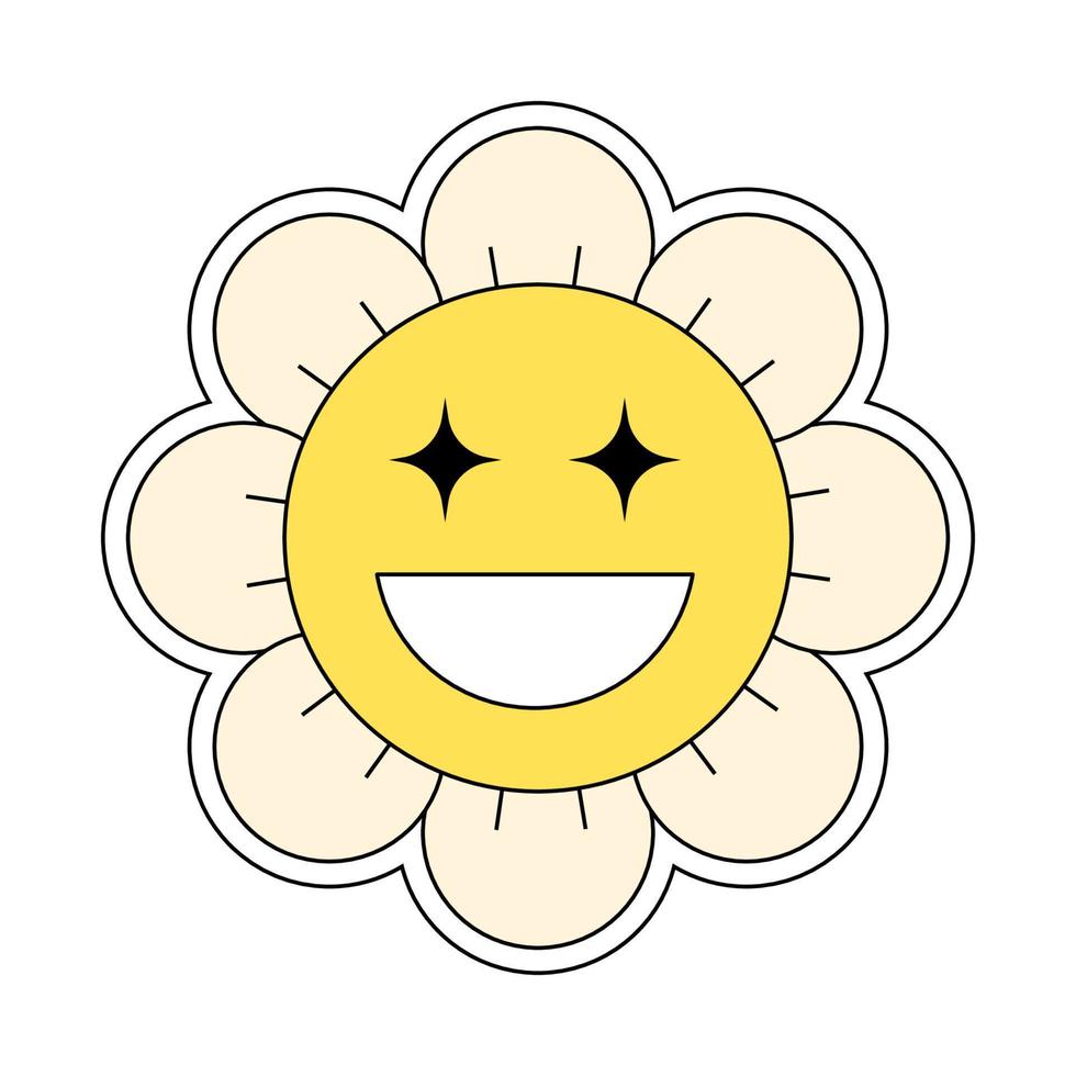 Hippie groovig Kamille Smiley Charakter gut Schwingungen. retro Gänseblümchen Blume Kopf mit Gesicht Maskottchen. positiv nostalgisch Jahrgang Karikatur Stil Pflanze. modisch j2j Pop Kultur Blumen- Vektor eps Design