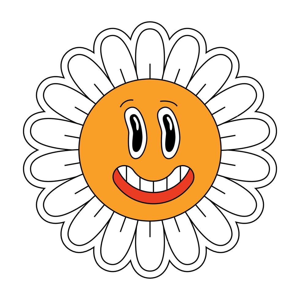 Hippie Kamille Smiley Charakter funky Design. retro Gänseblümchen Maskottchen. Blume Kopf und Positivität Gesicht. Jahrgang Karikatur Stil Pflanze. modisch groovig j2j Pop Kultur Blumen- Design. Vektor eps bereit zum verwenden