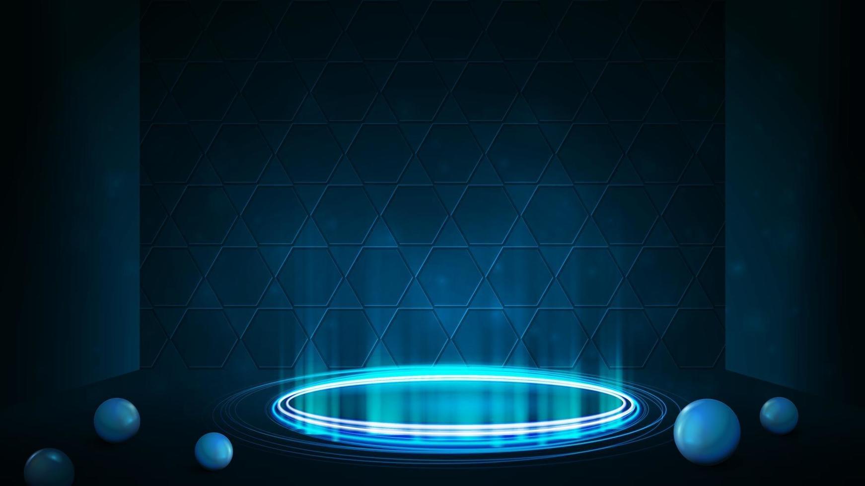 tomt blå neonpall för produktpresentation med bikakan på bakgrunden. blå digital hologrampod i cylindrisk form med glänsande ringar i mörkt rum och sfärer på golvet vektor