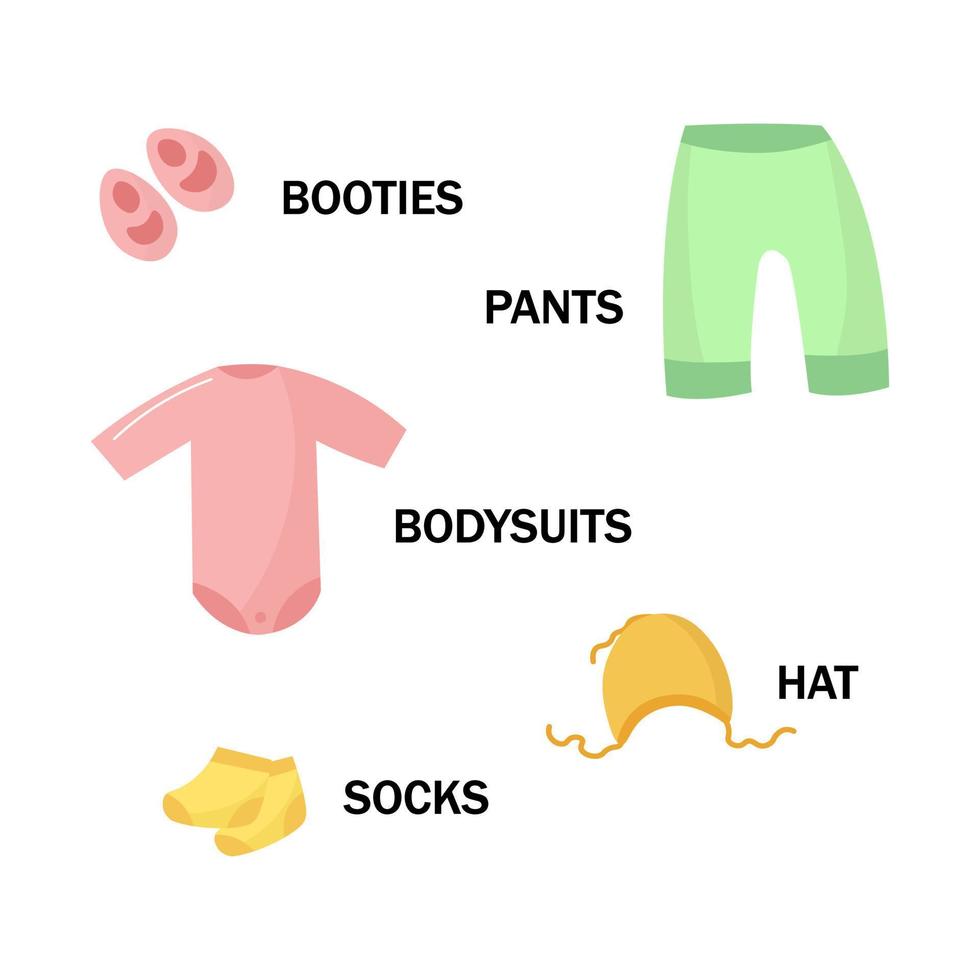 nyfödd bebis färgrik kläder lista för pojke eller flicka uppsättning för sjukhus tecknad serie stil. vektor