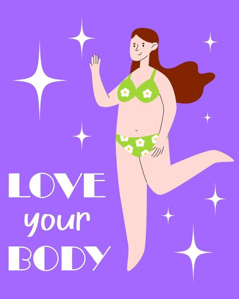 kropp positiv. Lycklig flicka i en blommig baddräkt. attraktiv övervikt kvinna. ljus sommartid affisch. vektor tecknad serie illustration.