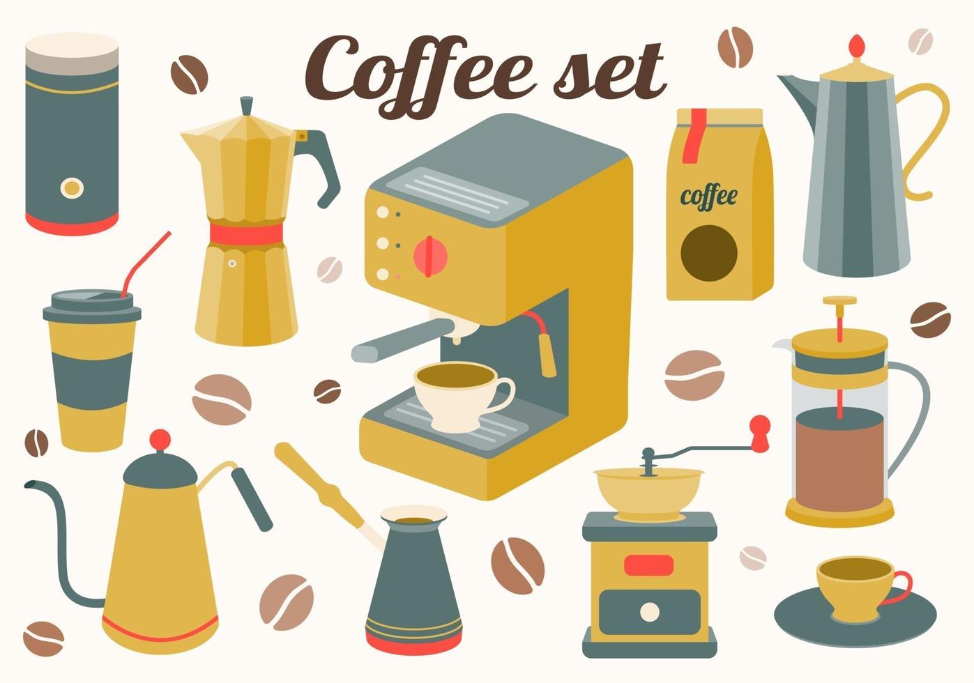 Kaffeeset mit Küchenzubehör für die Zubereitung eines Getränks. Hersteller, französische Presse, Kanne, Kaffeemaschine, Mühle, Getreide. Vektorillustration vektor
