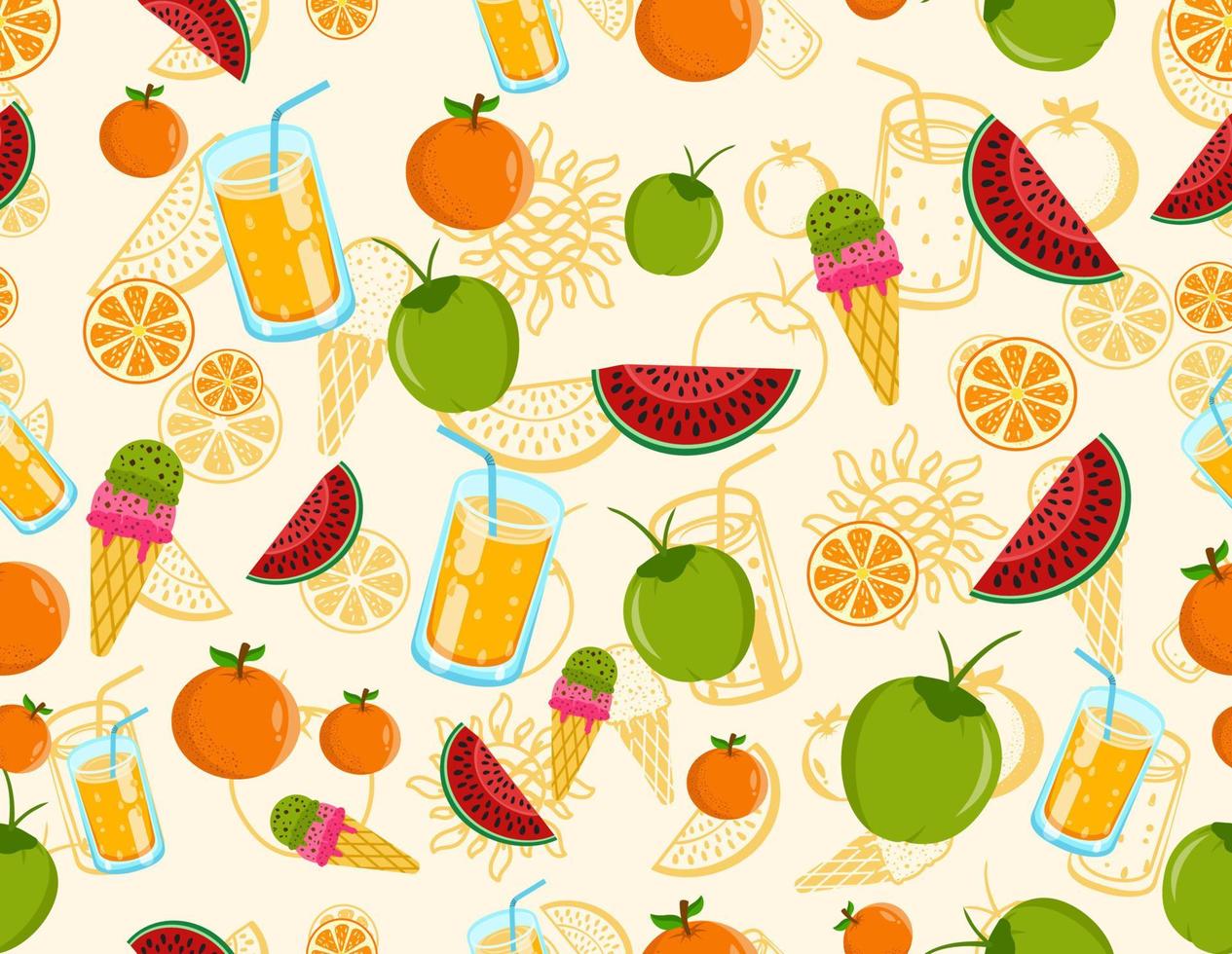 sömlös sommar mönster med vattenmelon, kokos, apelsiner, is grädde och orange juice vektor