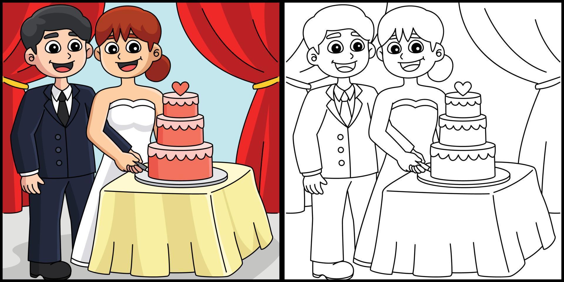 bröllop brudgum och brud skärande kaka illustration vektor