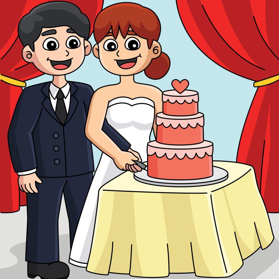 Hochzeit Bräutigam und Braut Schneiden Kuchen farbig vektor
