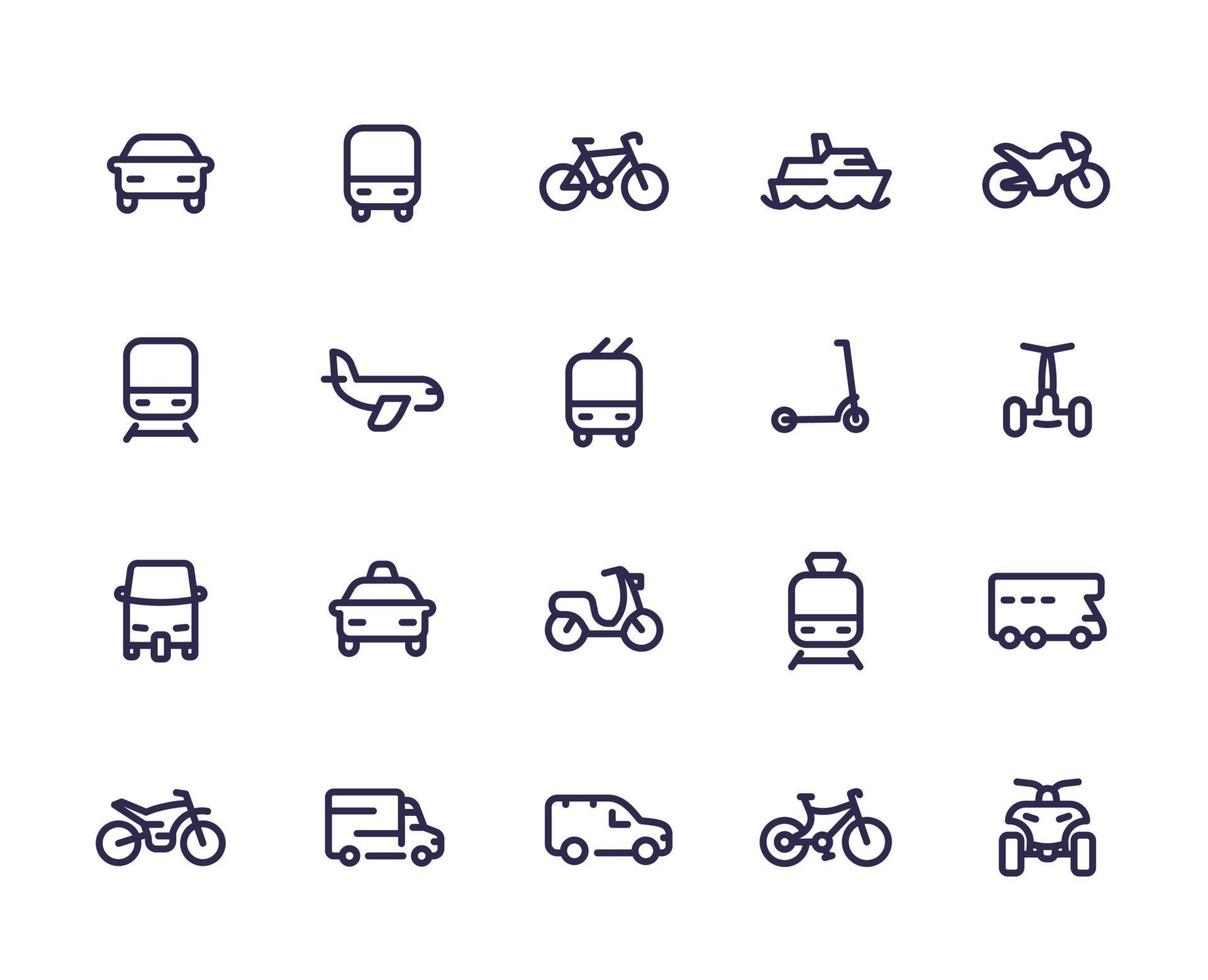 transport linje ikoner set, bilar, tåg, flygplan, van, cykel, motorcykel, buss, taxi, tuk tuk, fyrhjuling, tunnelbana, kollektivtrafik vektor
