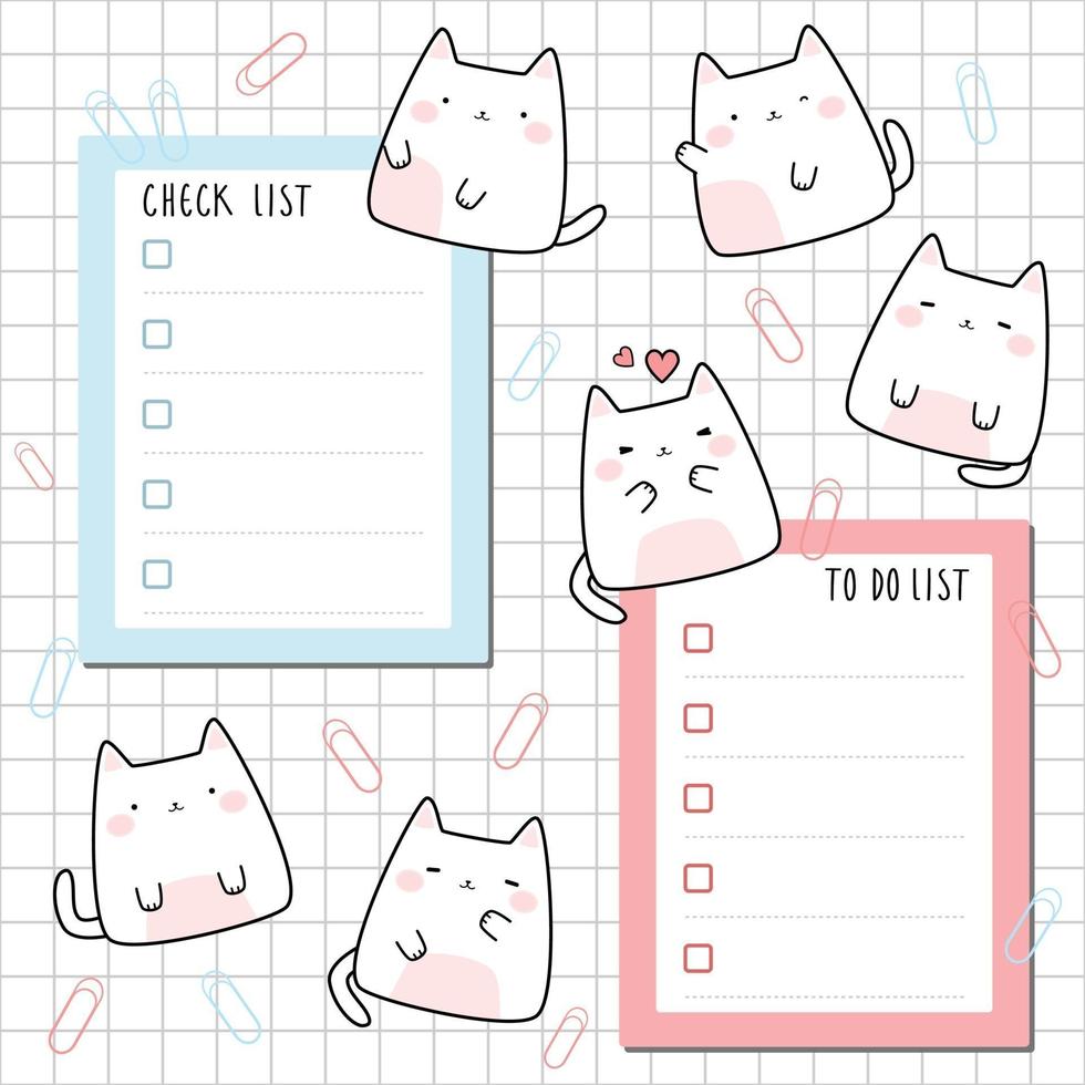 niedliche mollige Katze Kätzchen mit Checkliste und Liste Planer Cartoon Doodle zu tun vektor