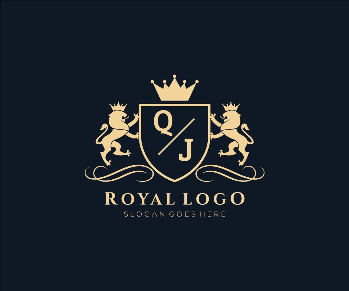 första qj brev lejon kunglig lyx heraldisk, vapen logotyp mall i vektor konst för restaurang, kungligheter, boutique, Kafé, hotell, heraldisk, Smycken, mode och Övrig vektor illustration.