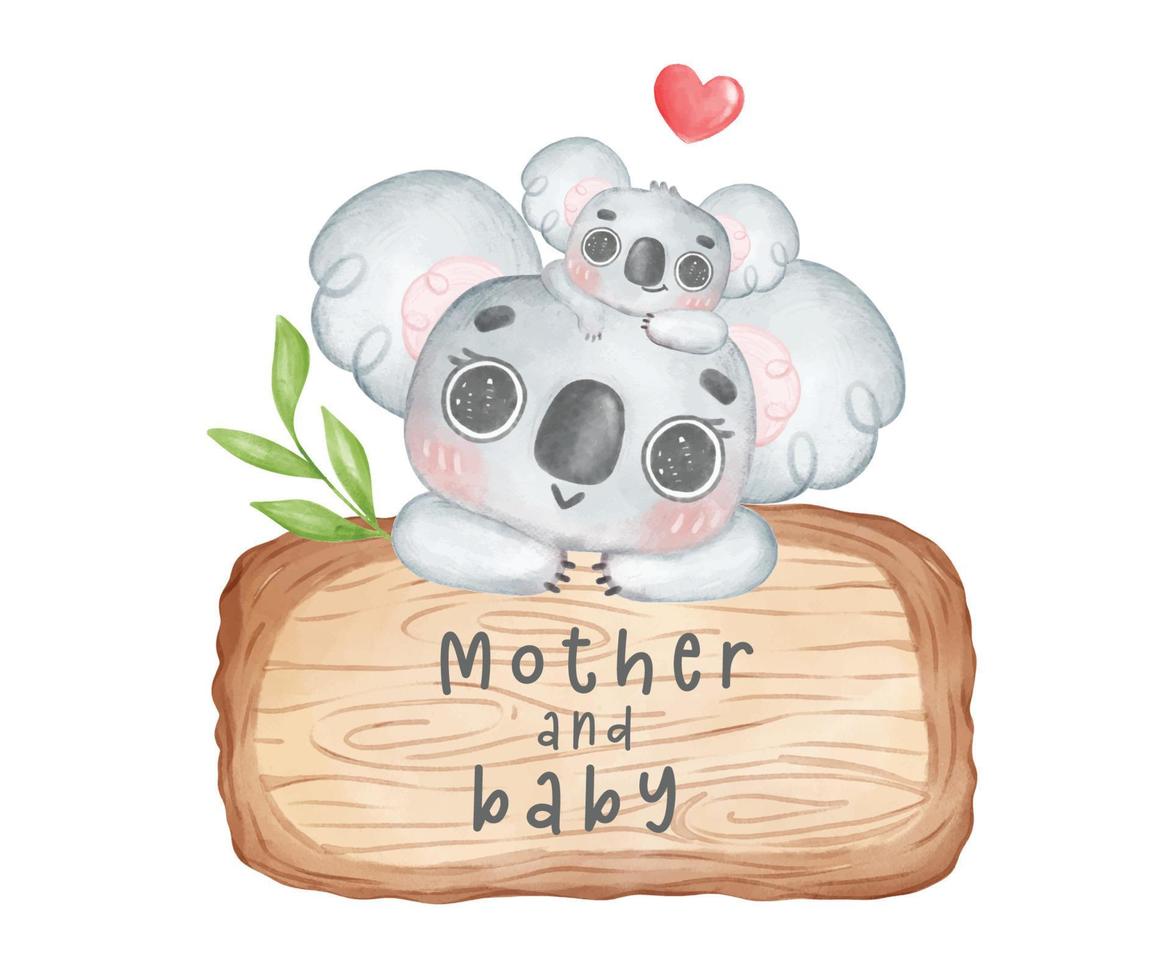 bezaubernd glücklich Koala Baby und Mutter Kopf hängend auf hölzern Zeichen Tafel , glücklich Mutter Tag wunderlich Kindergarten Aquarell Tier Karikatur Hand malen. vektor