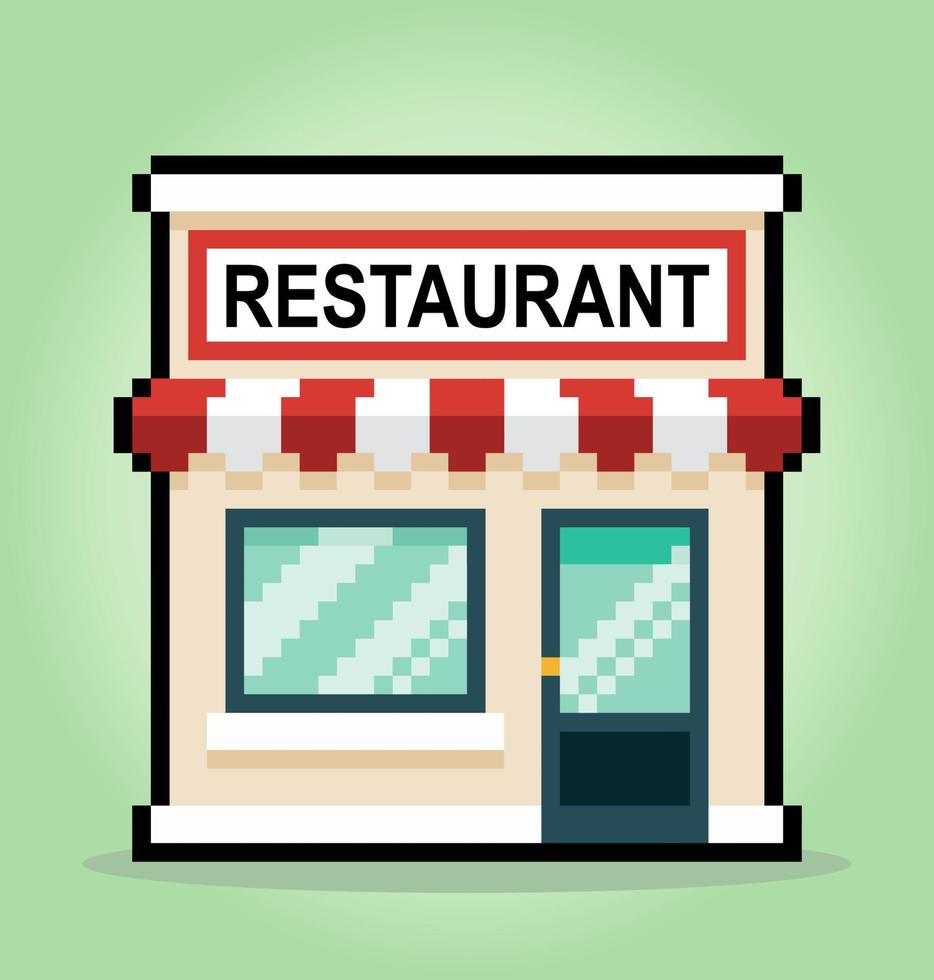 8 bit pixel affär, restaurang. marknadsföring Hem ikon för spel tillgångar och webb ikon i vektor illustrationer.