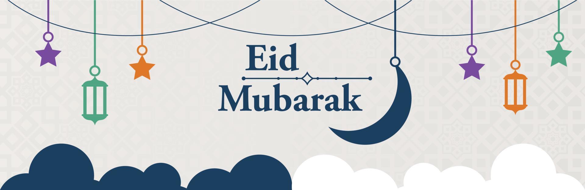 eid mubarak horisontell baner och affisch mall med färgrik lyktor islamic prydnad och moln vektor