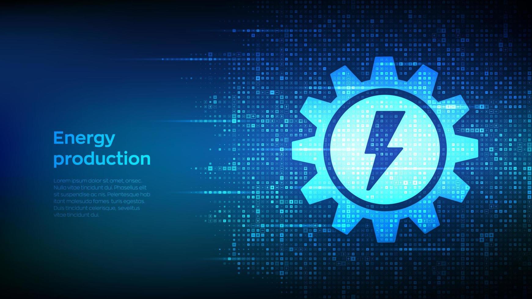 energi produktion ikon tillverkad med elektricitet tecken. kugge med kraft symbol. elektricitet generation bakgrund. energi källor för förnybar, hållbar utveckling. vektor illustration.