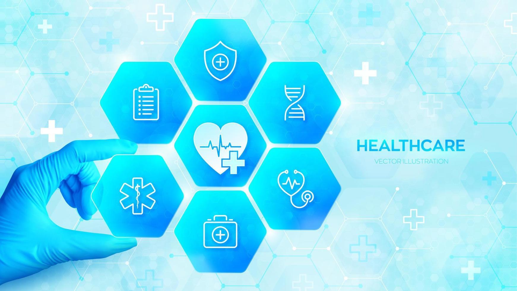 Gesundheitspflege. Medizin Gesundheit Pflege Technologie Konzept. Gesundheit Versicherung. Hand im Blau Handschuh setzt ein Element in ein Komposition mit medizinisch Symbole visualisieren medizinisch Dienstleistungen. Vektor Illustration.