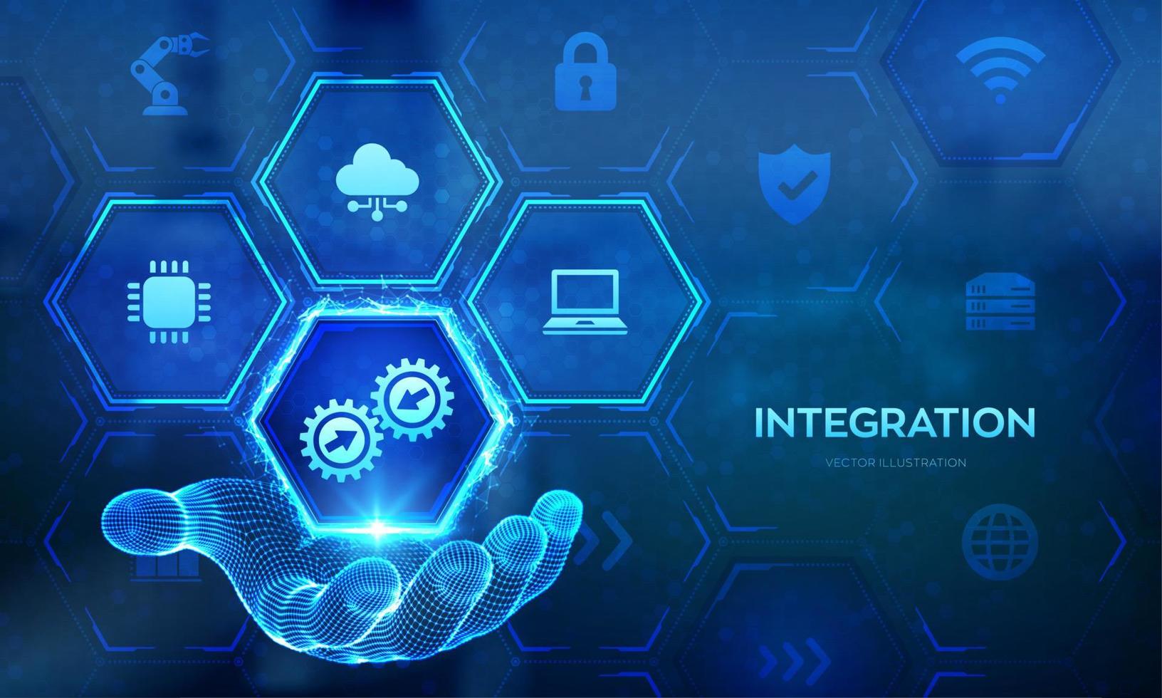 integrationsdatasystem. systemintegrationsteknikkoncept i trådramshand. industriell och smart teknik. affärs- och automationslösningar. vektor illustration.