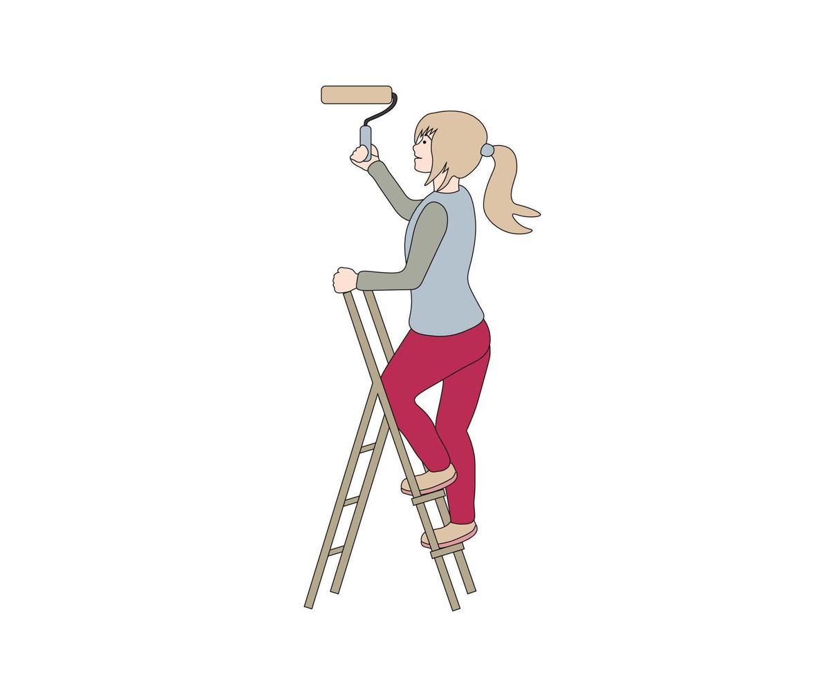 en flicka målarfärger en vägg med en vält medan stående på de trappa. gör de reparera av de målare vektor