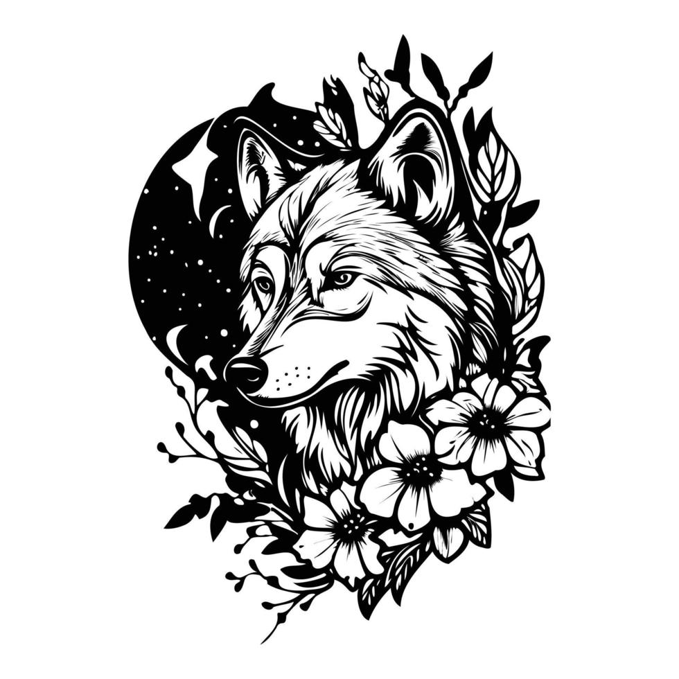 Wolf mit Blumen, Wolf Kopf, Wolf Blume tätowieren vektor