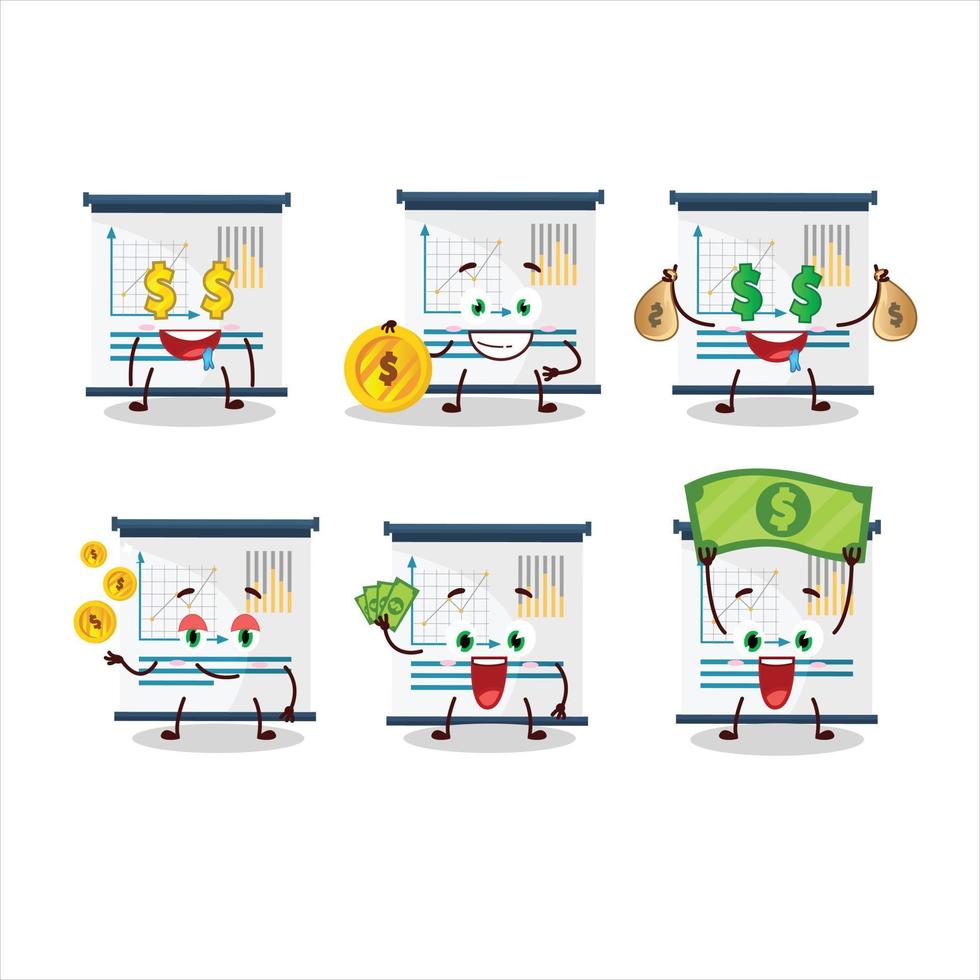 Geschäft Präsentation Karikatur Charakter mit süß Emoticon bringen Geld vektor