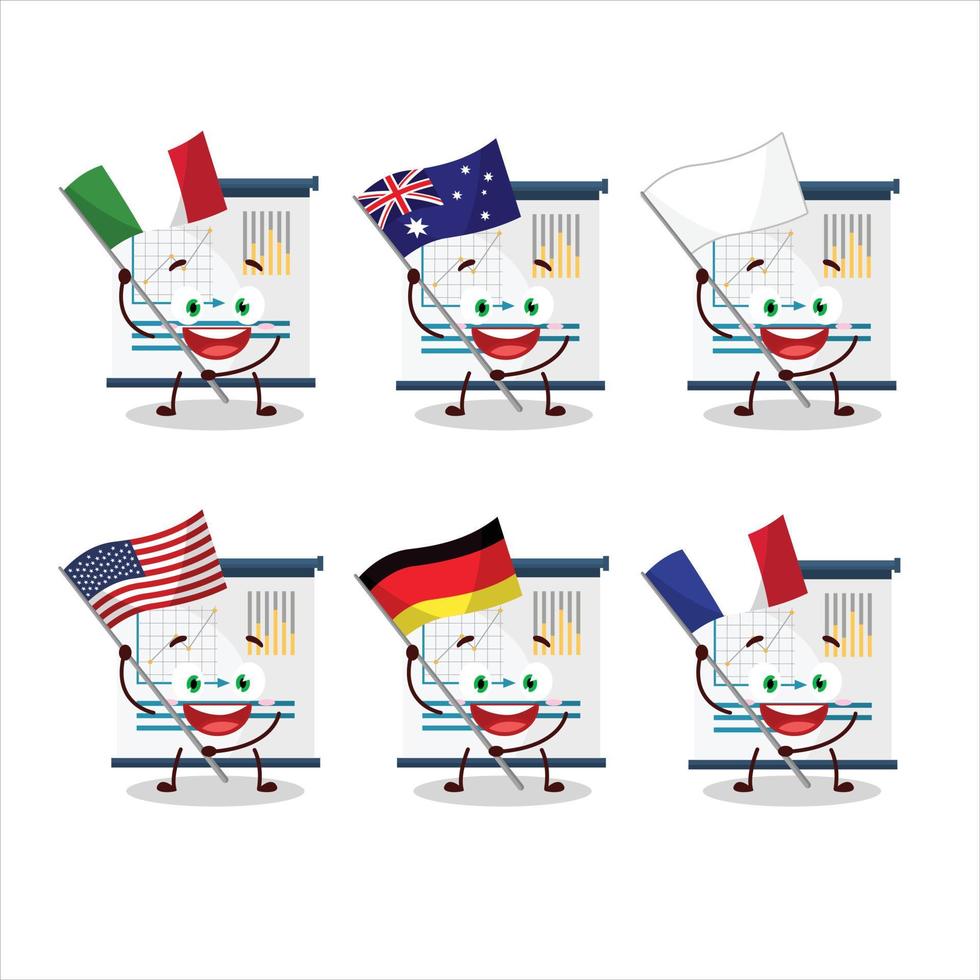 Geschäft Präsentation Karikatur Charakter bringen das Flaggen von verschiedene Länder vektor