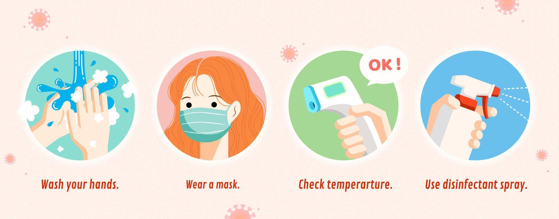vier einfach Wege zu verhindern Coronavirus einschließlich waschen Hände, tragen ein Maske, prüfen Temperatur und verwenden Desinfektionsmittel sprühen, covid-19 Verhütung eben Illustration Banner vektor