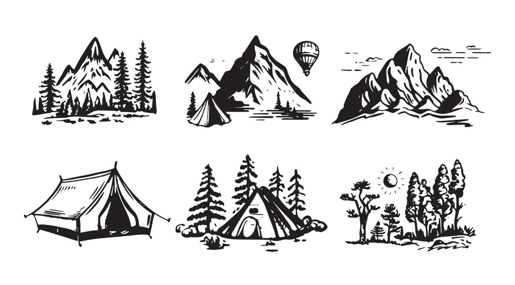 camping uppsättning, berg landskap, hand dragen stil, vektor illustration.