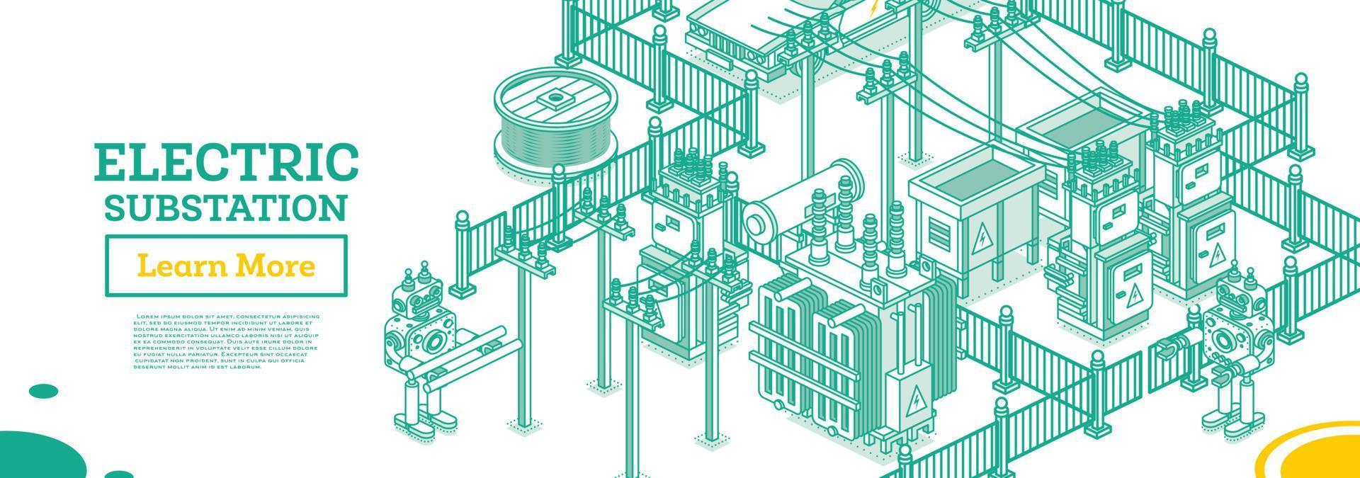 isometrisch Energie Unterstation. elektrisch Transformator. Gliederung Konzept. Vektor Illustration. Grün Farbe. Teil von Verteilung Kette.