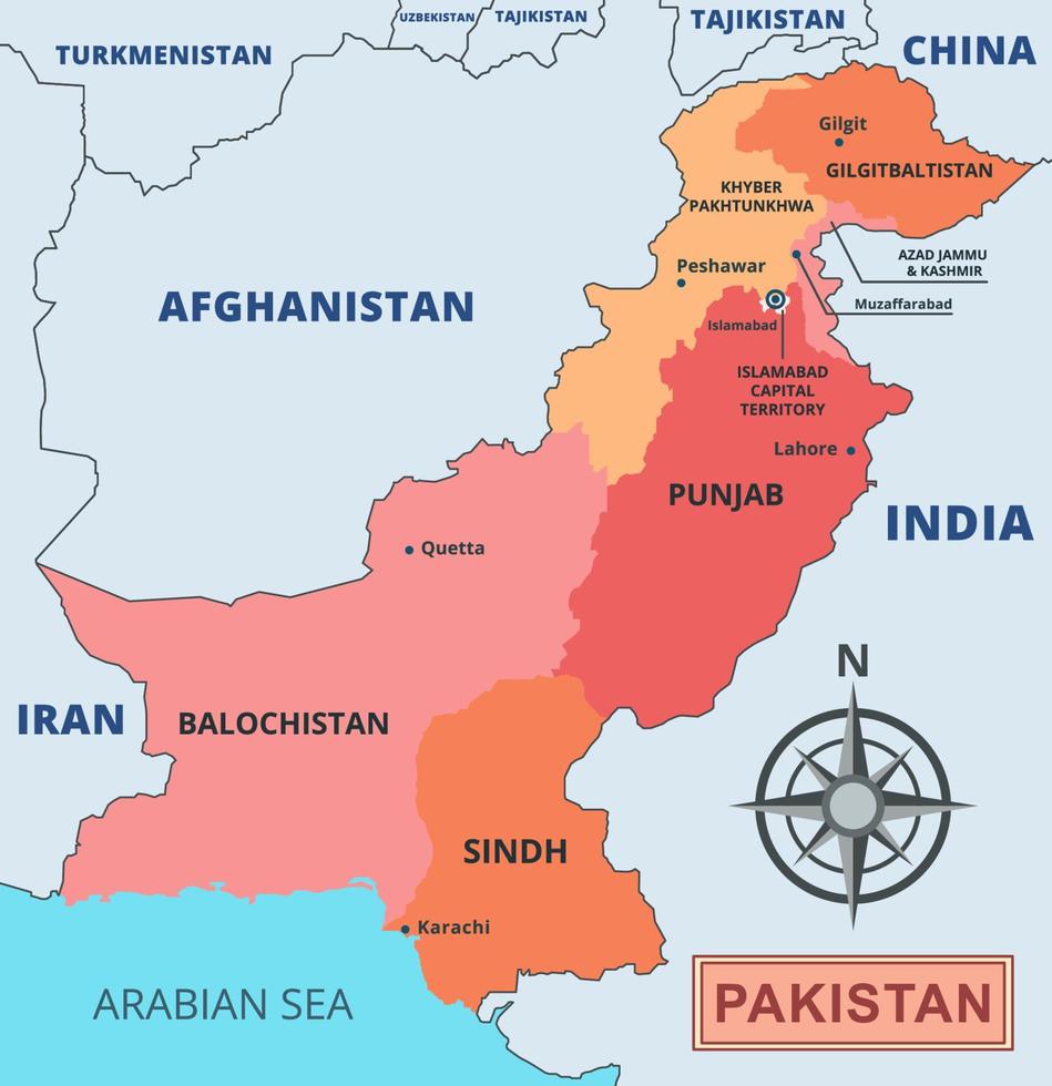 Karta av pakistan med område namn vektor
