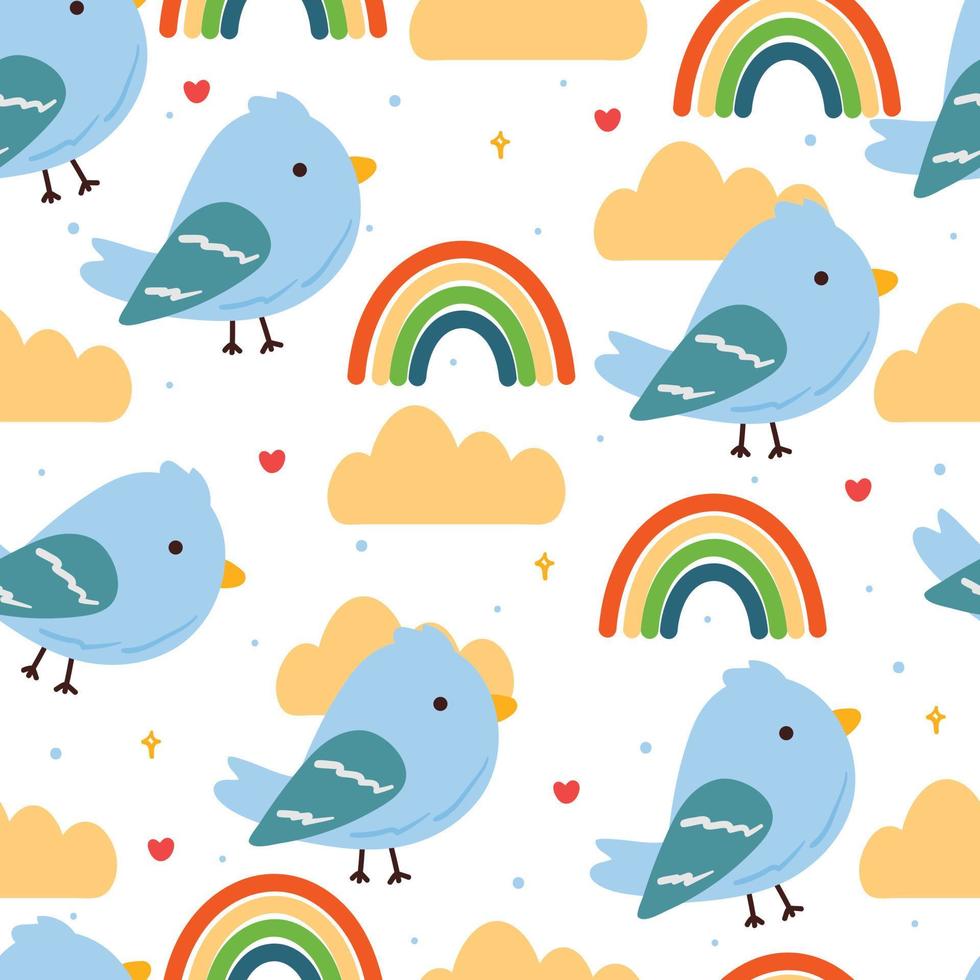 sömlös mönster tecknad serie fågel och regnbåge. söt djur- tapet för textil, gåva slå in papper vektor