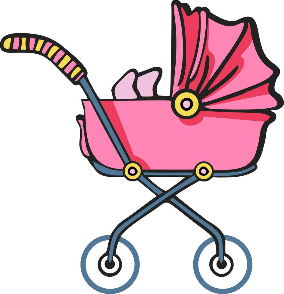 Kinderwagen auf Räder zum ein Baby im Rosa, Dinge zum ein Neugeborene vektor