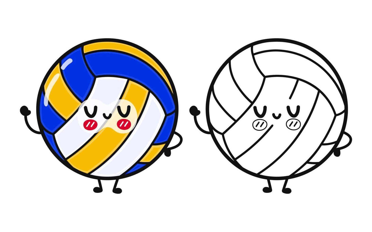 komisch süß glücklich Volleyball Zeichen bündeln Satz. Vektor Hand gezeichnet Karikatur kawaii Charakter Illustration Symbol. süß Volleyball Ball. Gliederung Karikatur Illustration zum Färbung Buch