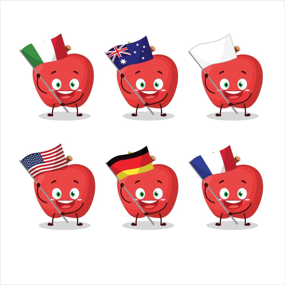 Apfel Karikatur Charakter bringen das Flaggen von verschiedene Länder vektor