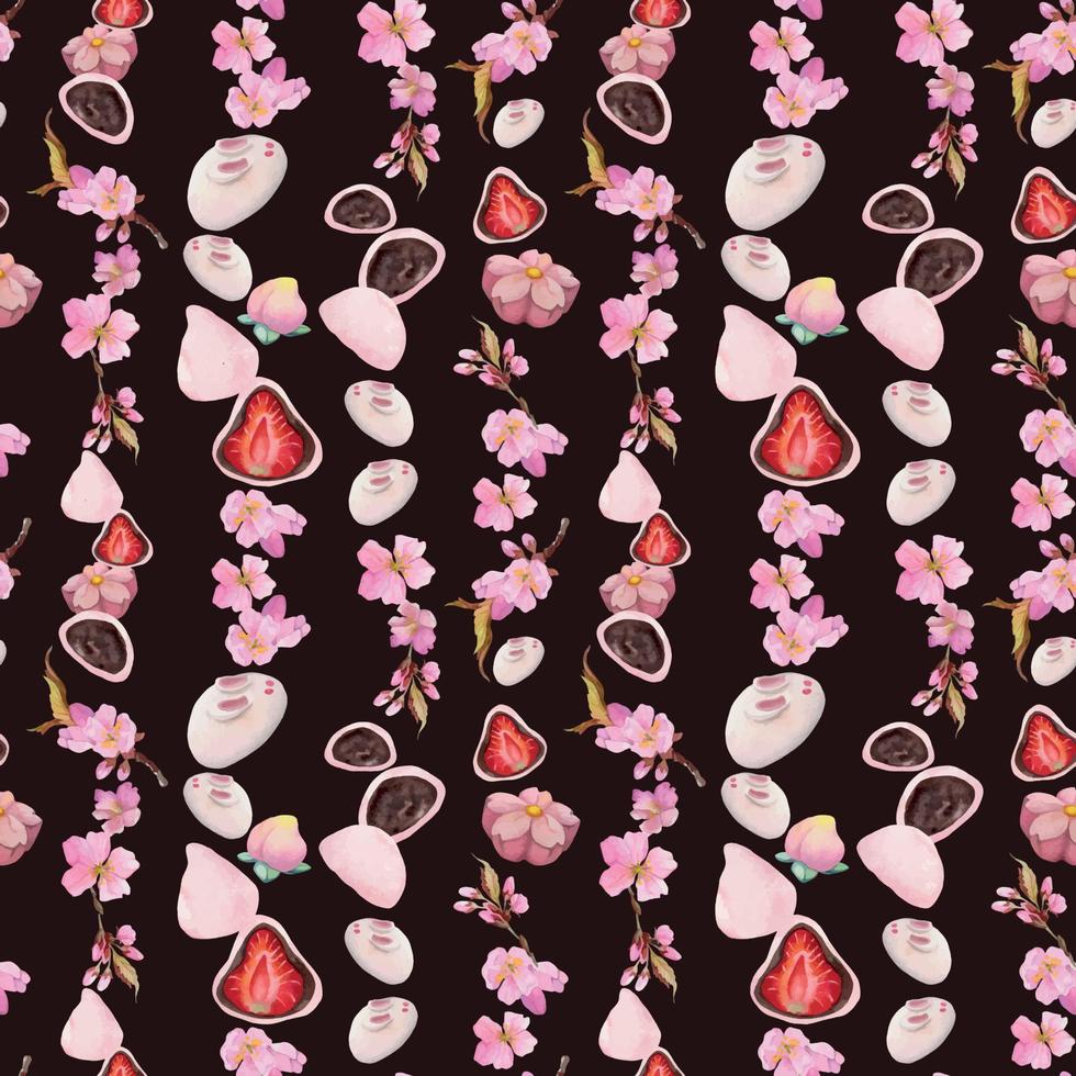 Aquarell Musterdesign mit handgezeichneten traditionellen japanischen Süßigkeiten. Wagashi, Mochi, Sakura-Blüte. isoliert auf weißem Hintergrund. einladungen, restaurantmenü, grußkarten, druck, textil vektor