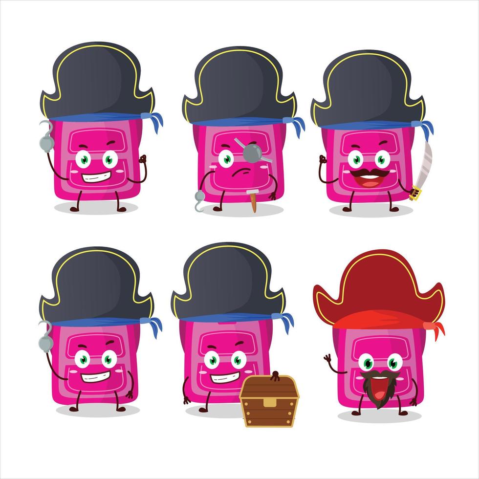tecknad serie karaktär av rosa skola väska med olika pirater uttryckssymboler vektor