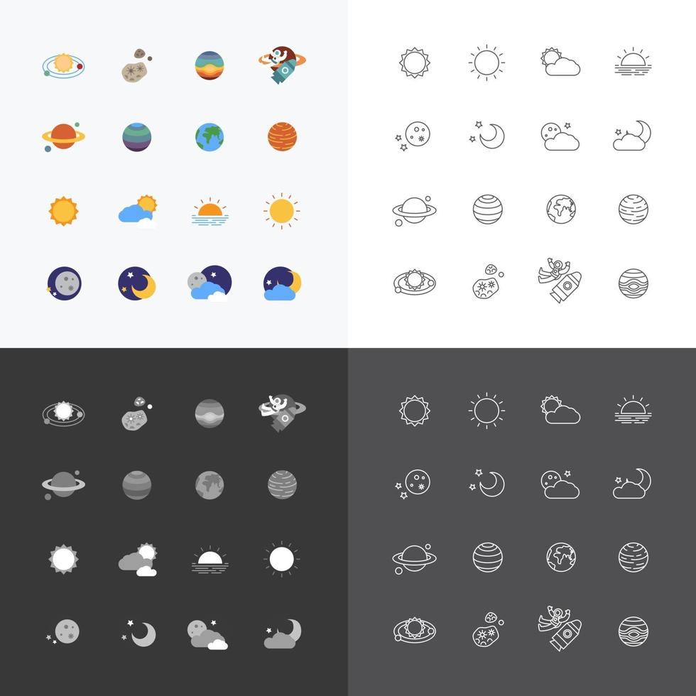 Vektor Web Icons Set - Raum Sonne und Mond Sammlung von flachen Design-Elementen. Universumskonzept.