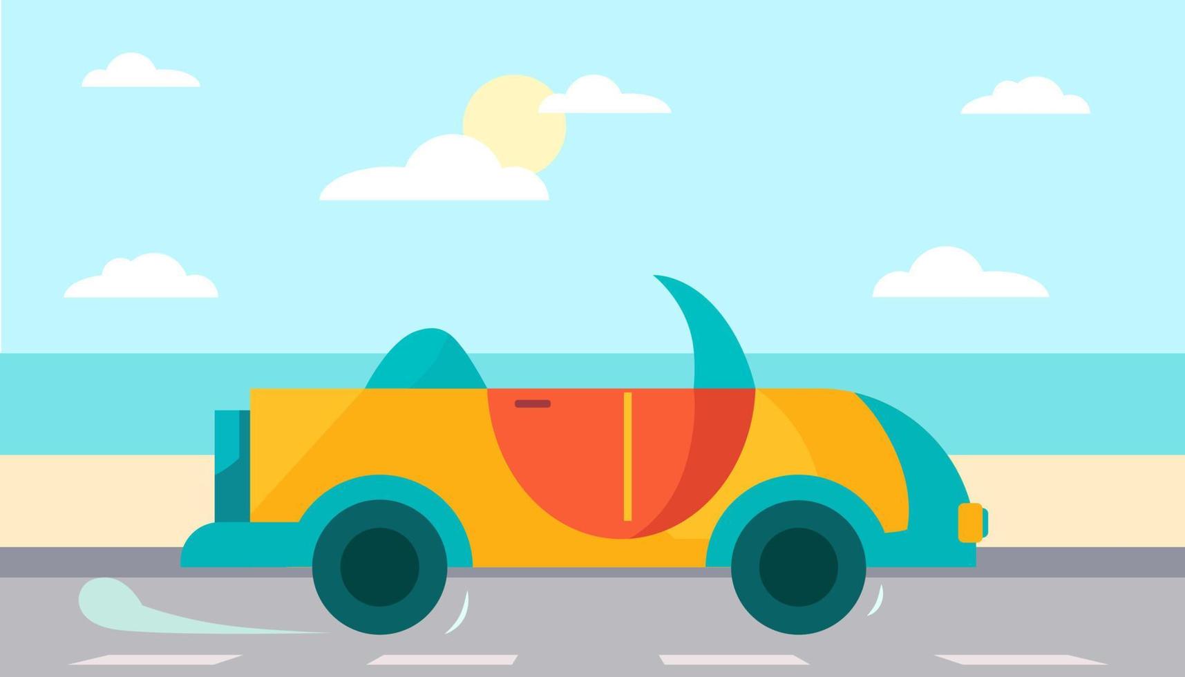 Sommer- Reise Broschüre, Vektor eben Grafik Banner mit Fahrzeug und Strand auf das Hintergrund.