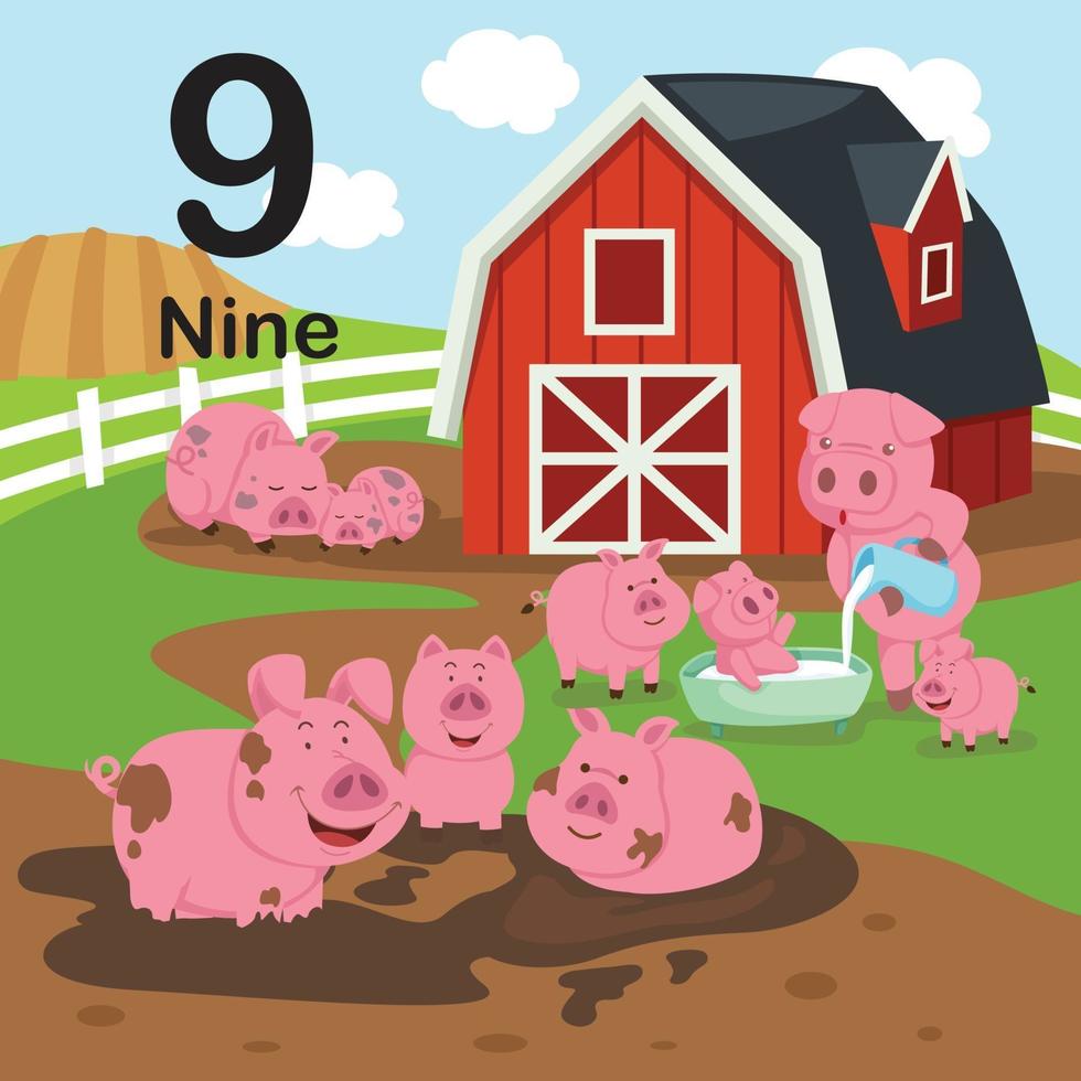 Bildungsnummer für Kinder mit 9 glücklichem Schwein auf der Farmvektorillustration vektor