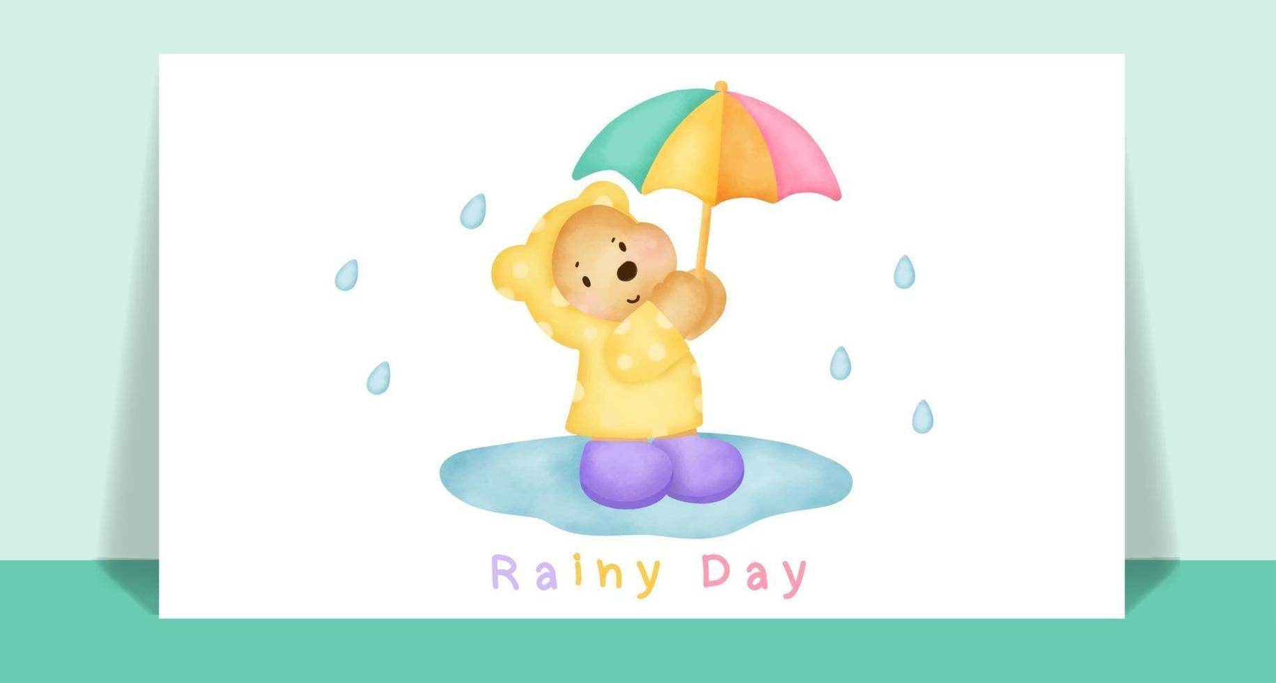 akvarell söt nallebjörn i regnet för gratulationskort. vektor