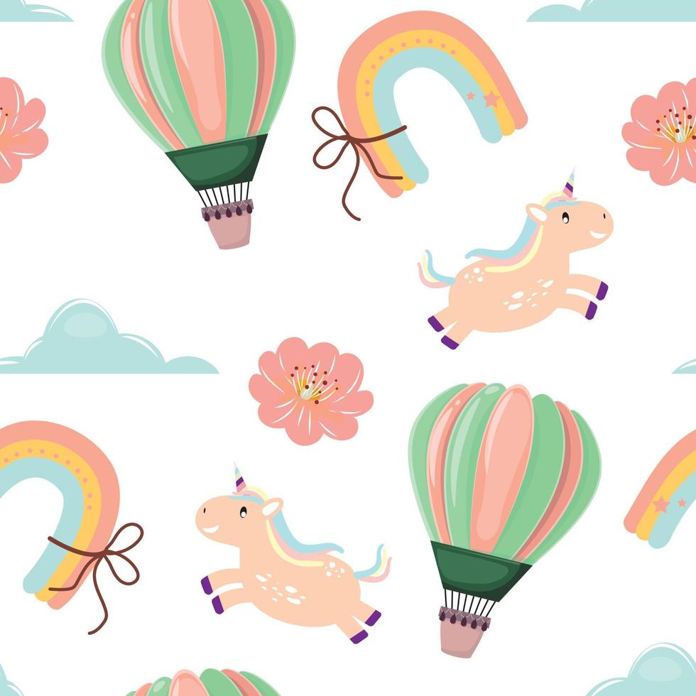 tecknad serie vektor illustration av enhörning, varm luft ballong, moln och blommor på vit bakgrund. sömlös mönster.