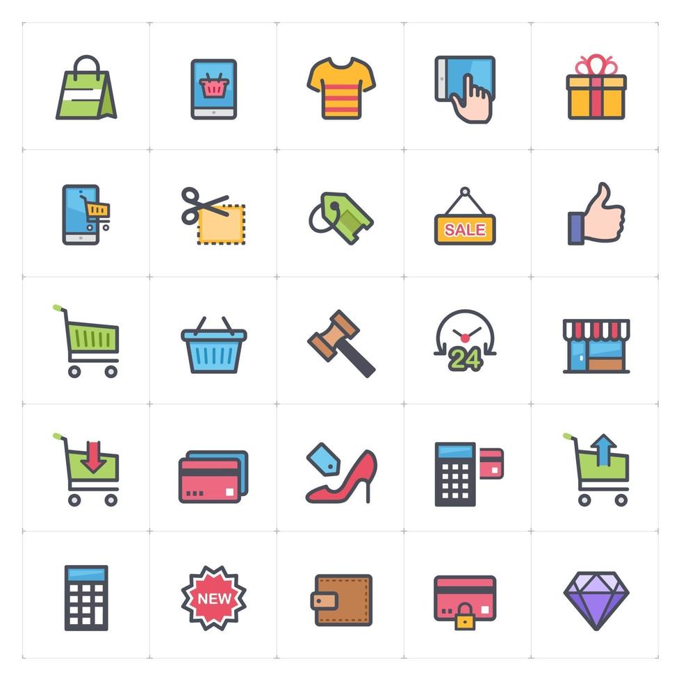 Einkaufs- und Handelslinie mit Farbsymbolen. Vektorillustration auf weißem Hintergrund. vektor