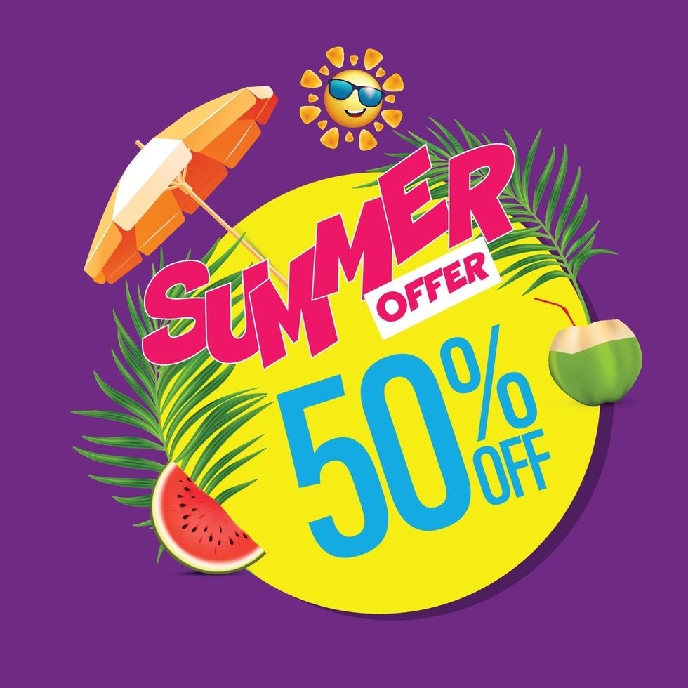 sommar försäljning erbjudande enhet med sommar element tycka om parasoll, Sol, kokos, vattenmelon och handflatan leafs vektor